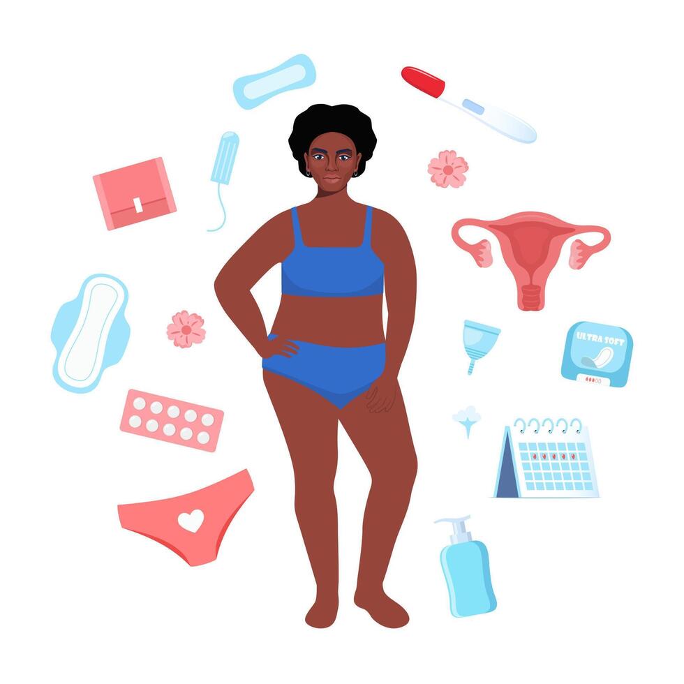 Womans health concept. Menstruation, period, female uterus, reproductive system. Black woman, pregnancy test, tampon, calendar, womb, pads, menstrual cup, pants. vector