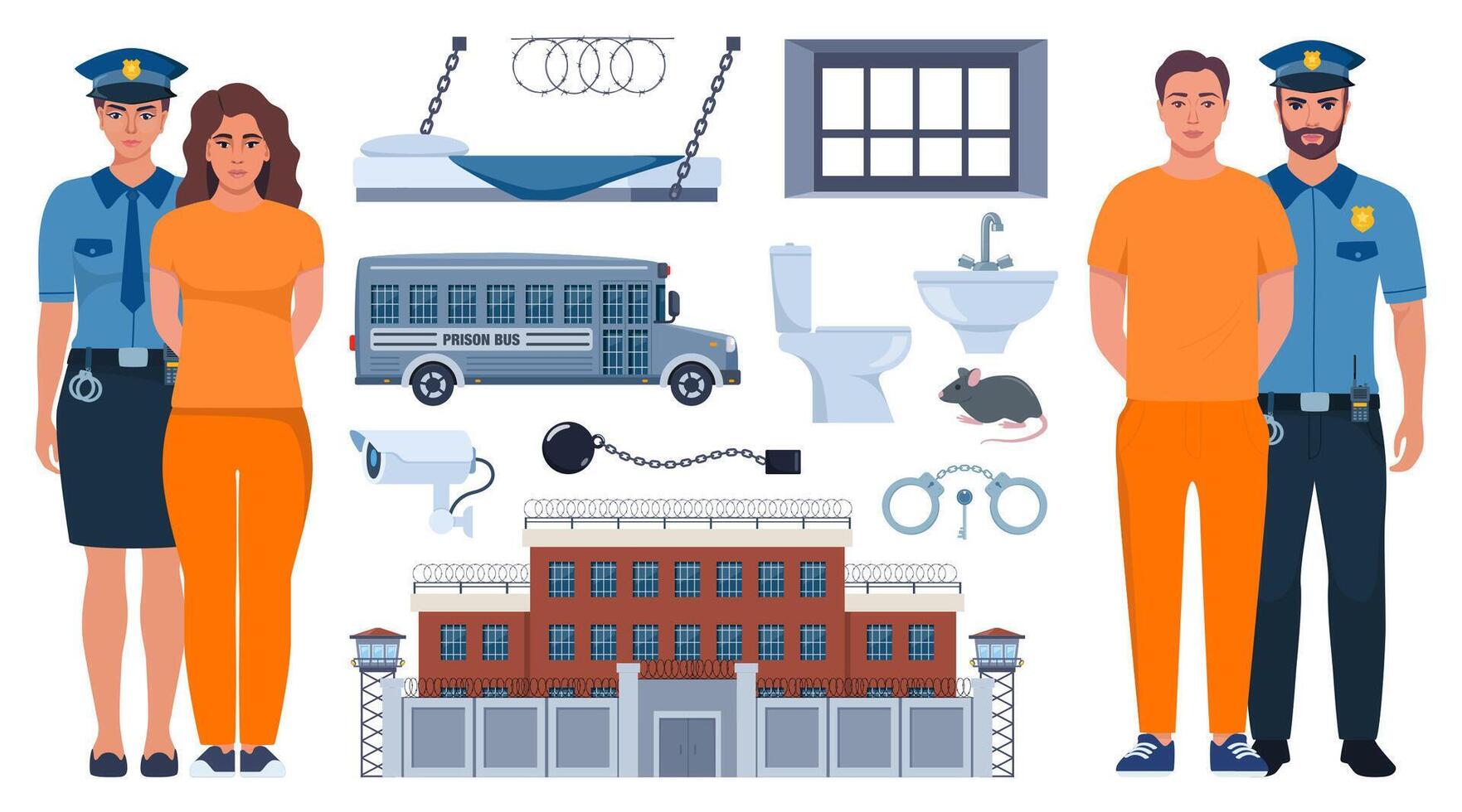 Police officer holding handcuffed criminal woman in orange prison uniform. Prison elements. Penitentiary system icons. illustration. vector