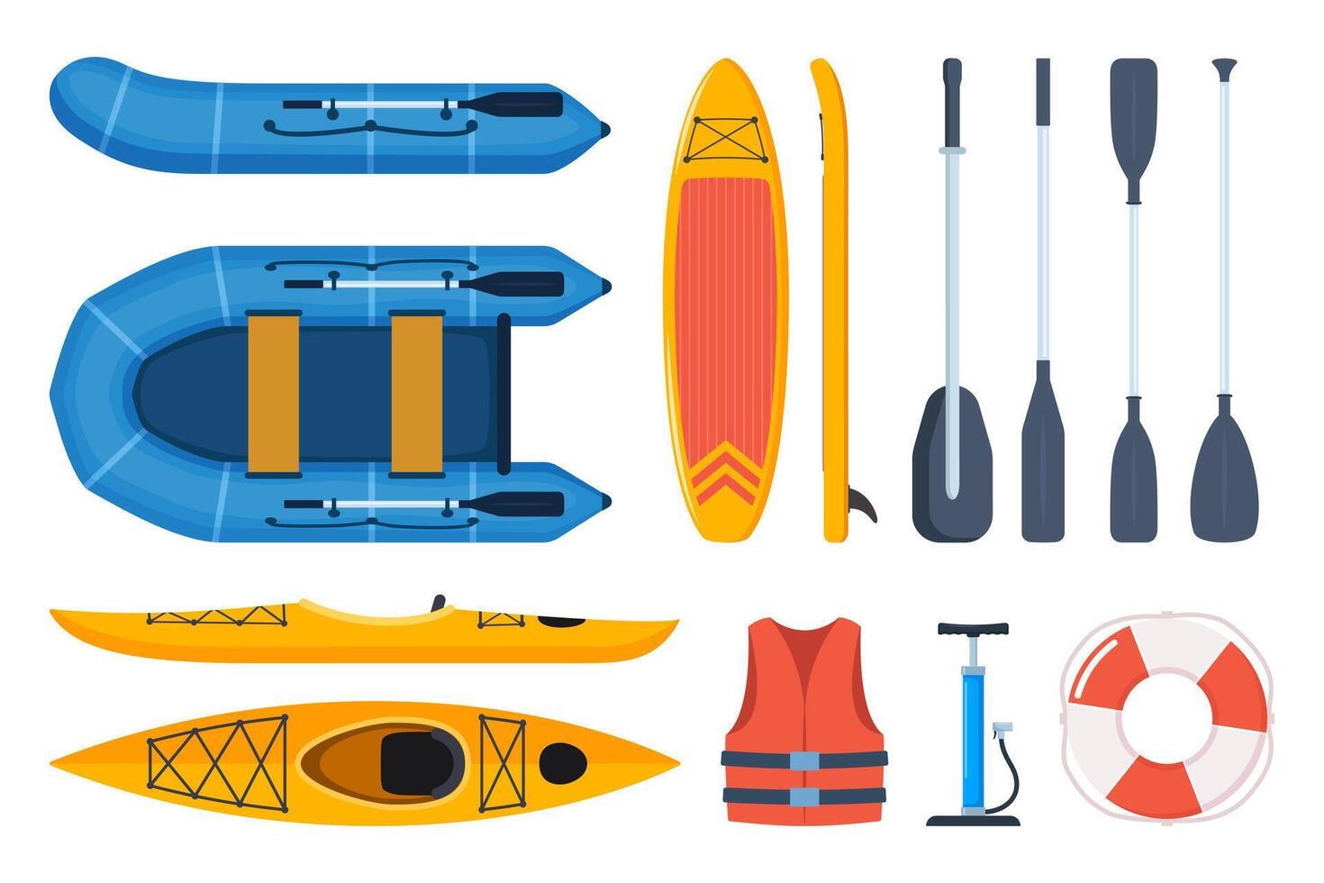Boats and gear for rafting, Paddle board, kayak and inflatable boat. Basic set for SUP. Inflatable board, paddle, life jacket, pump. illustration. vector