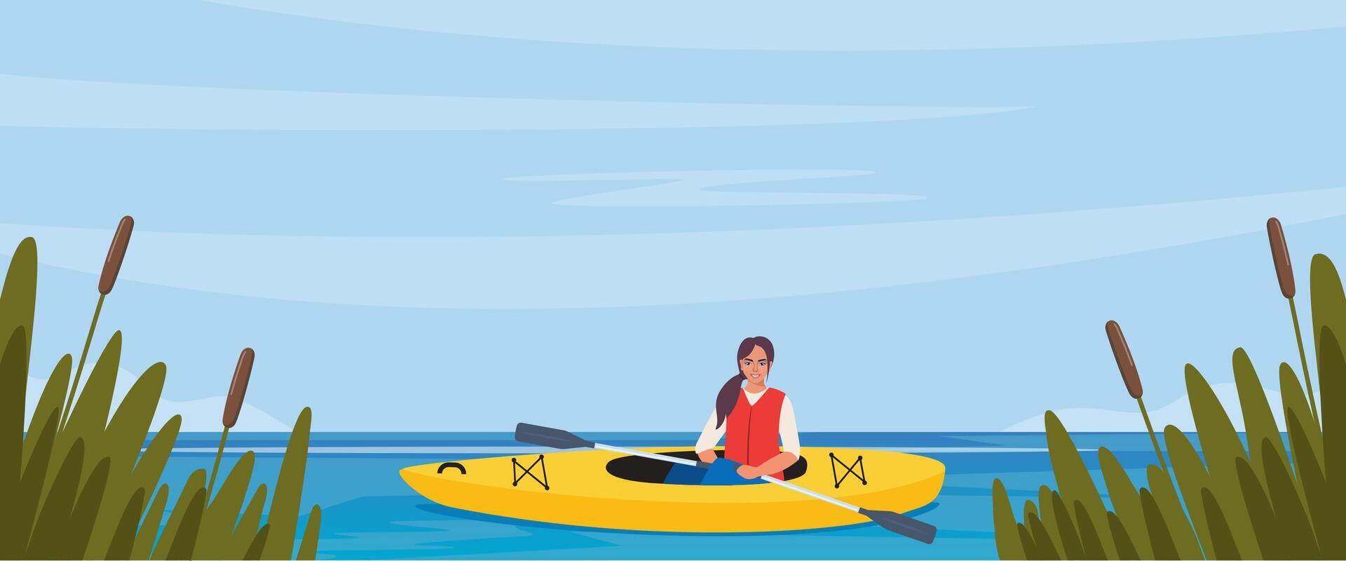 Young woman rowing with paddles in kayak, side view. Girl in life jacket rafting in sport boat with oars. Extreme water activity. illustration. vector