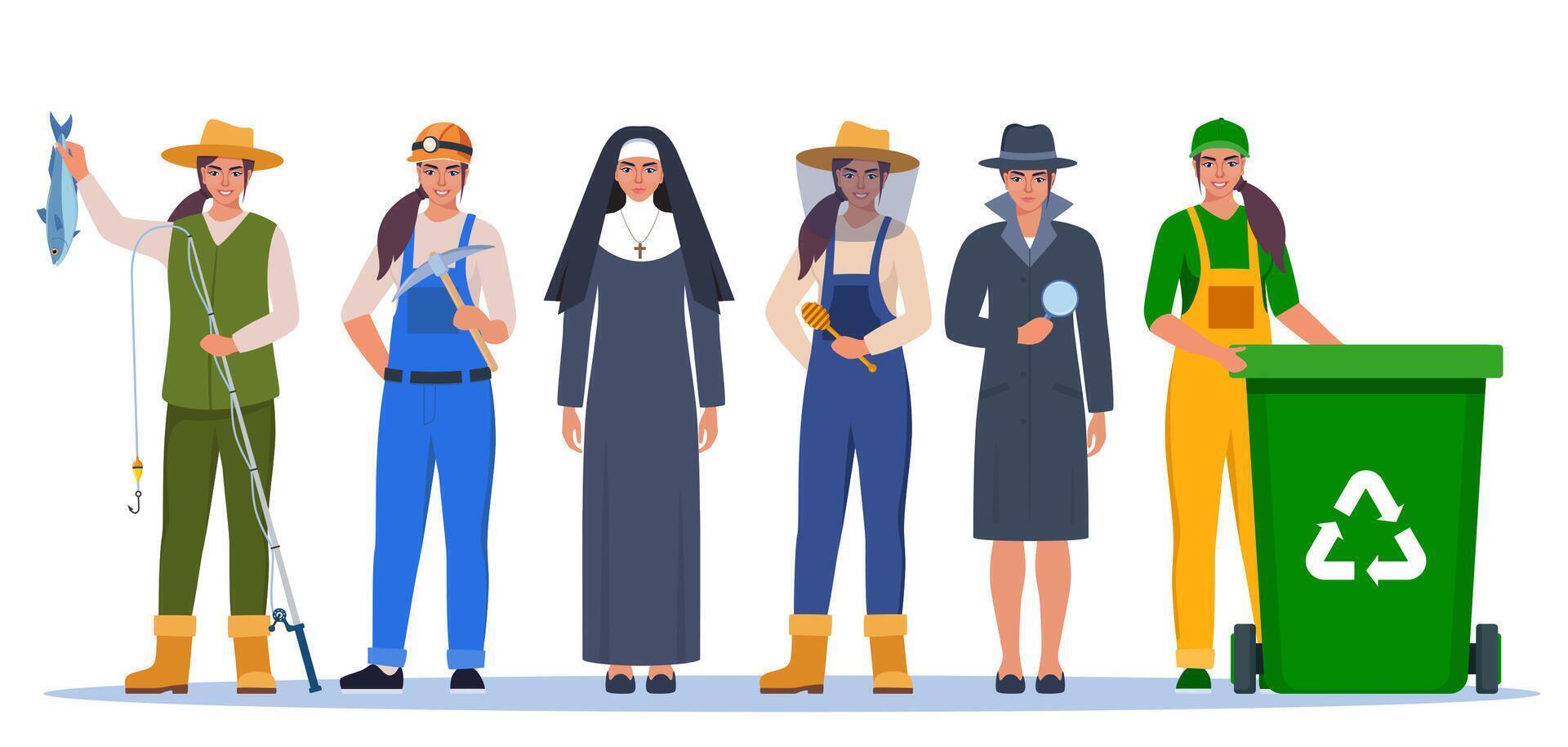 Job and professions set. Women in uniforms, different occupation, work. Same woman character in different occupations. illustration. vector