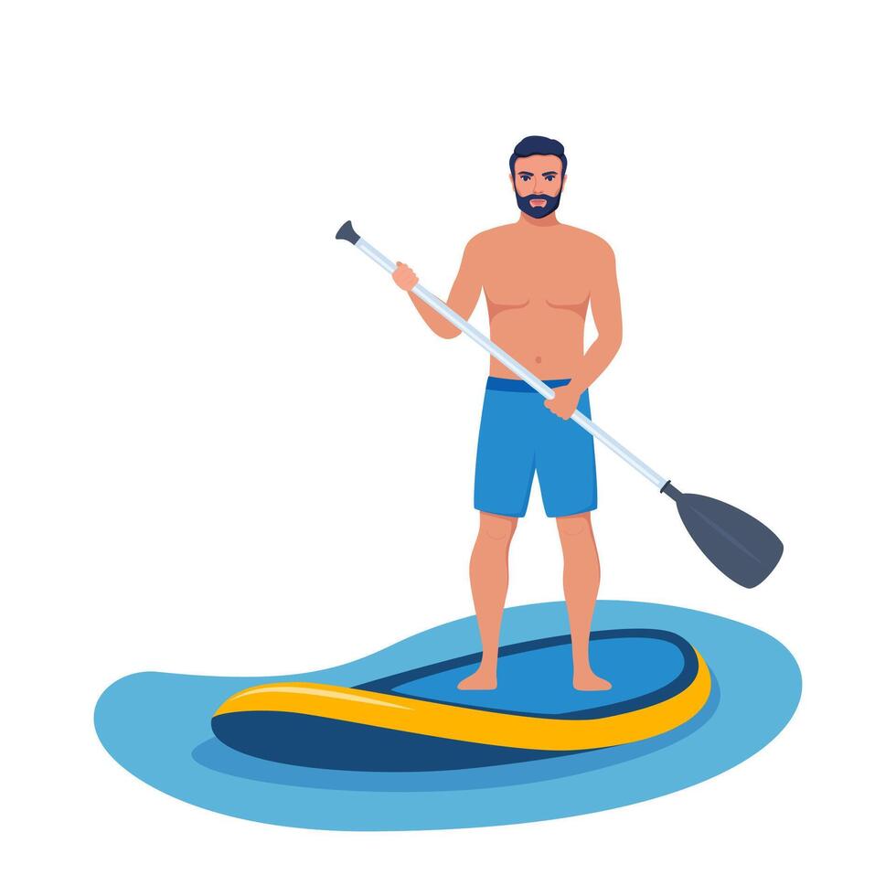 Guy standing on sup board on water. Happy man holding oar and swims on the sea. Summer water sport activities. illustration. vector