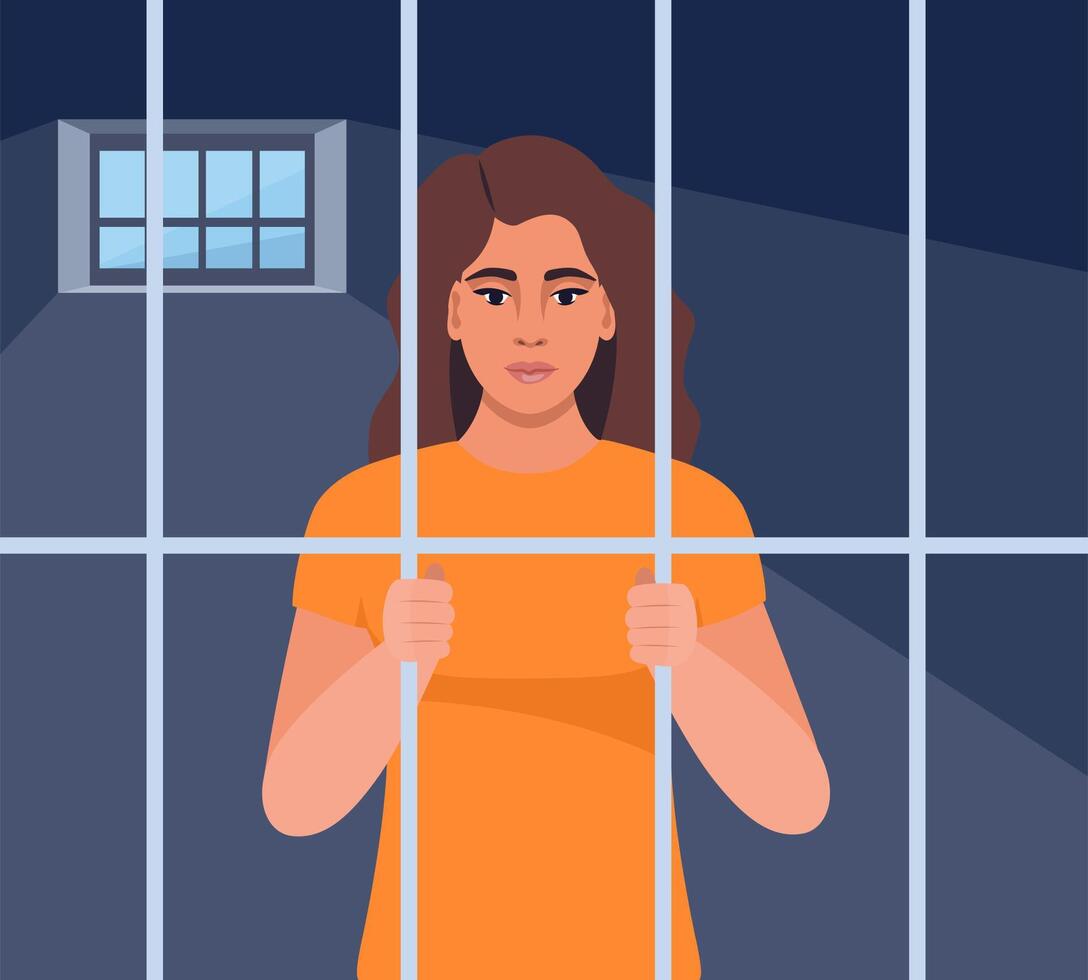 Prisoner girl in orange suit behind bars of a prison cell. Punishment system for crime and law breaking. illustration. vector