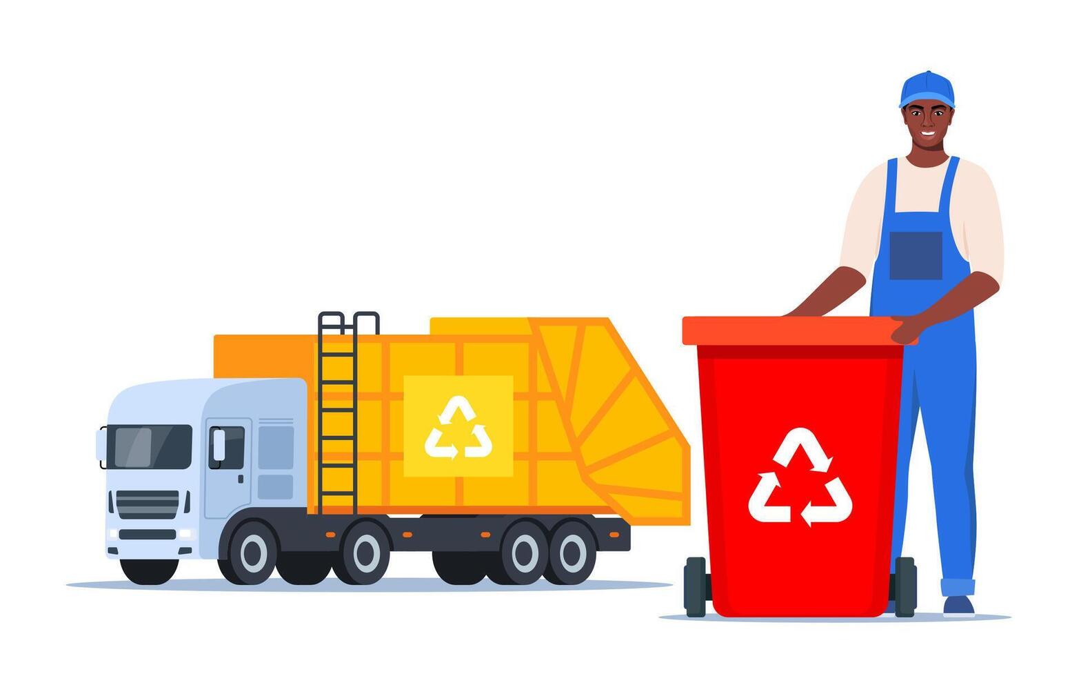 Garbage truck and sanitation worker. Garbage man in uniform with trash bin and recycling symbol on it. Garbage sorting. Zero waste, environment protection concept. African American man worker. . vector