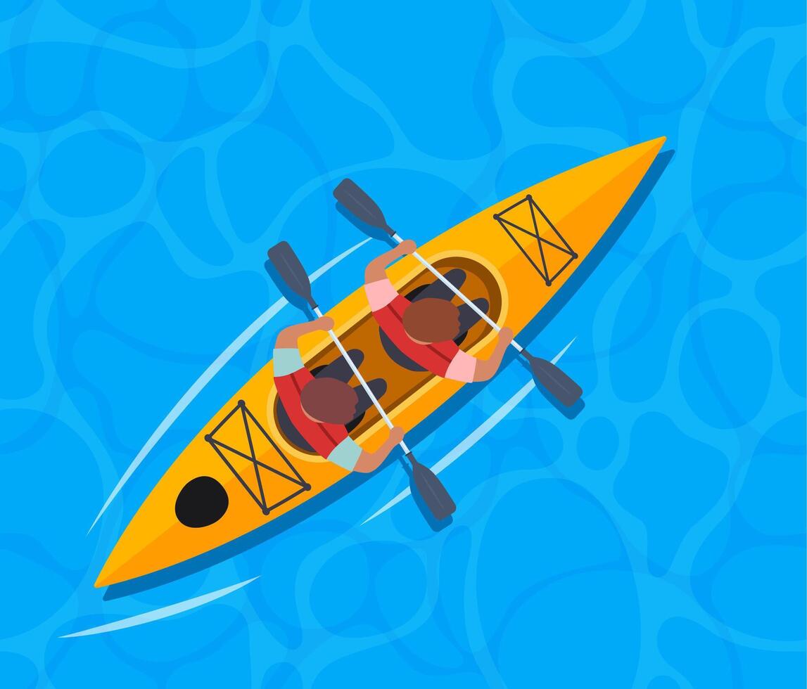 People rowing with paddles in kayak. Men in helmets and life jackets rafting in sports boat with oars. Extreme water activity. illustration. vector
