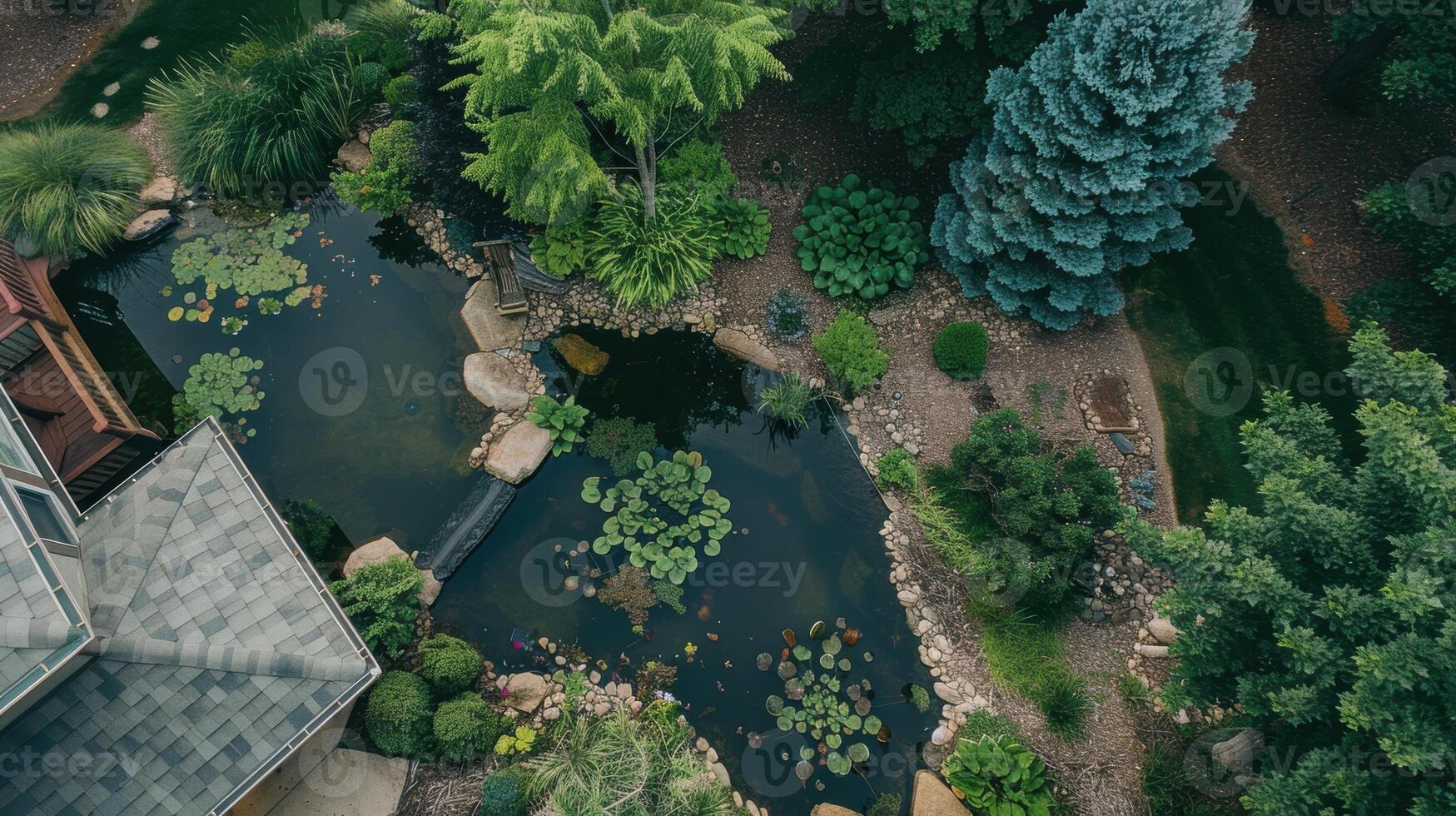 Birds Eye View of Eco-Friendly Garden with Pond and Native Plants for Sustainable Design photo