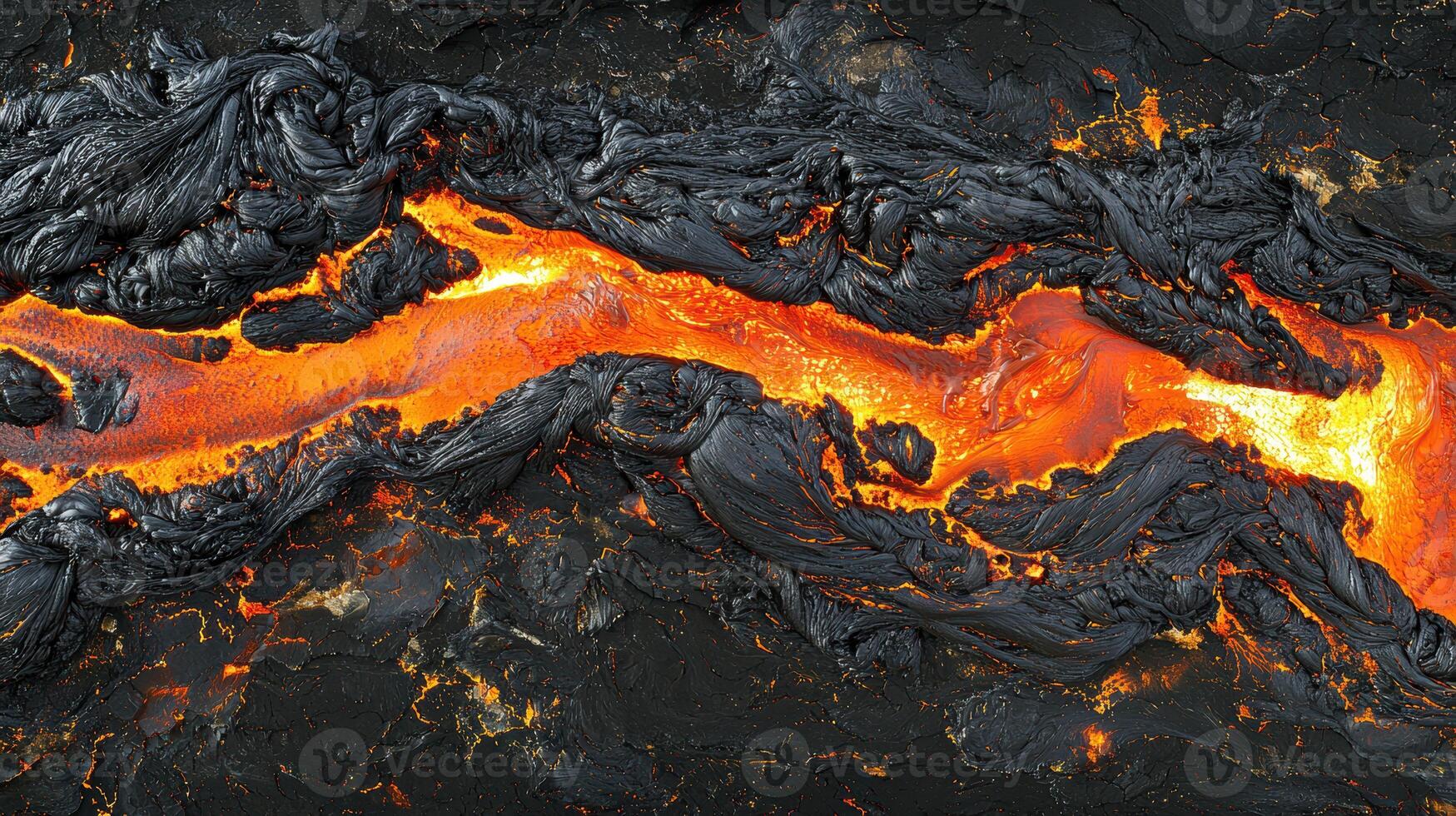 Volcanic Eruption Aerial View. Rivers of Molten Lava in Ashy Landscape for Dramatic Wall Art photo