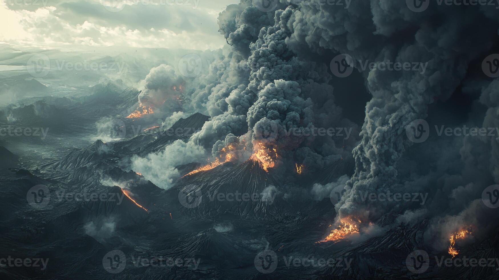 Aerial View of Volcanic Eruption with Majestic Smoke Plumes and Fiery Lava Flows photo