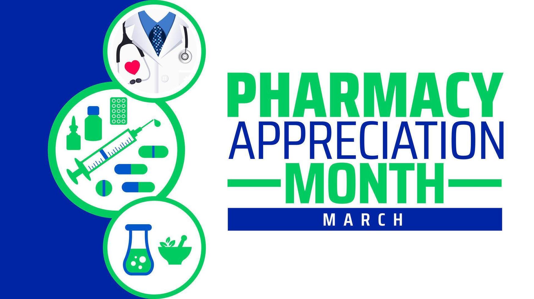 Pharmacy Appreciation Month background banner or poster design template. observed every year in March. Holiday concept. Use to any Template, card, poster, placard, template. vector