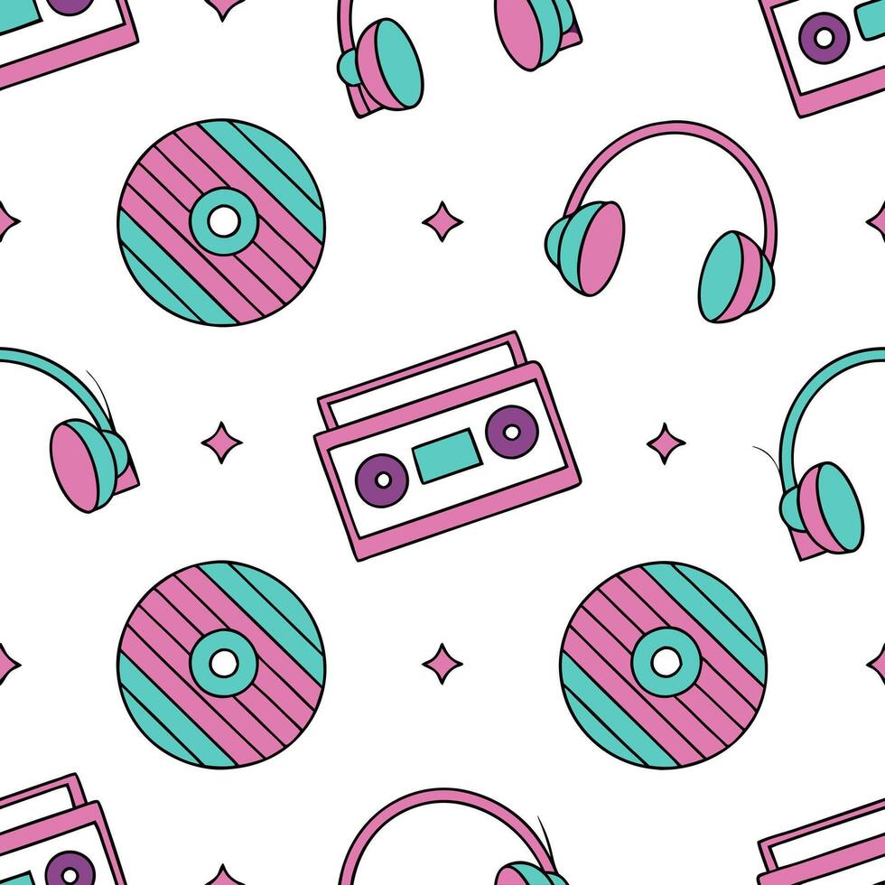 80s vaporwave seamless tile pattern with neon retro illustrations nostalgic synthwave elements Clean vector