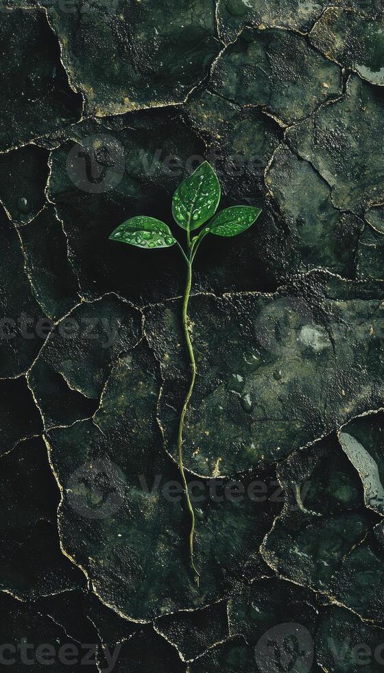 Green Sprout Emerging from Cracked Soil Symbolizing Sustainability and Environmental Harmony photo