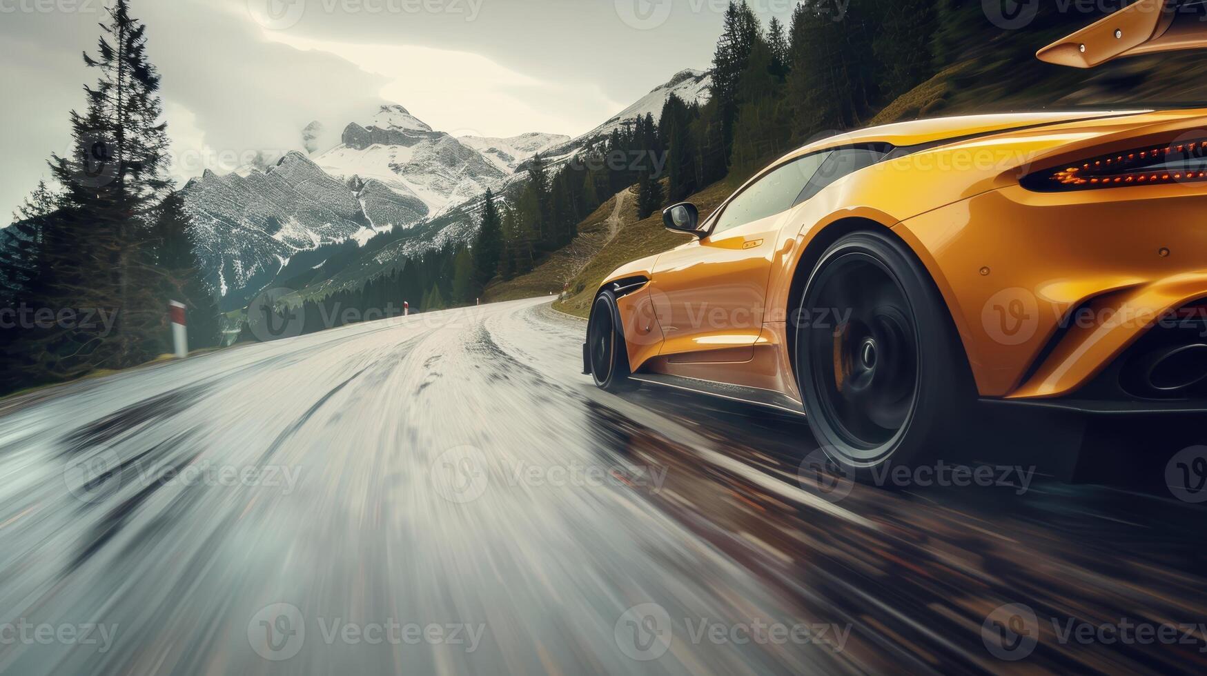 Luxury Sports Car on Mountain Road Highlighting Performance and Precision for Automotive Design photo
