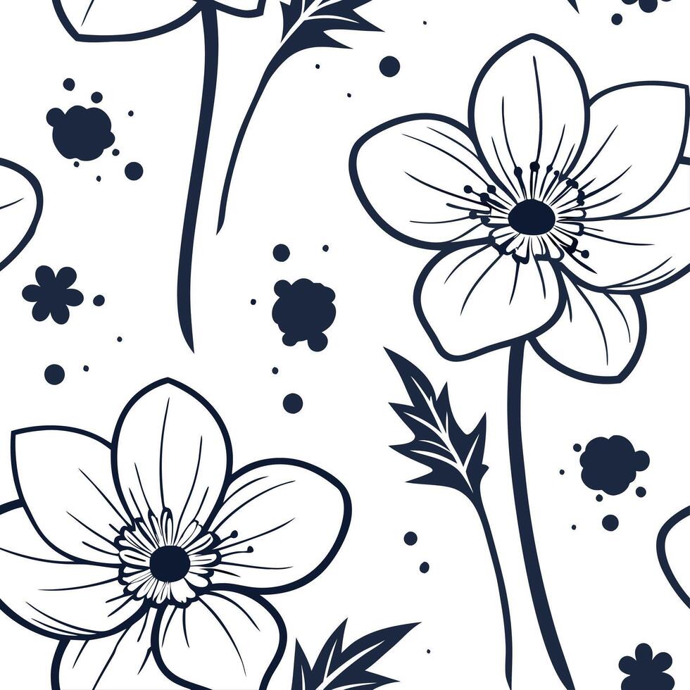 Abstract watercolor Anemone seamless pattern with splashes and drips on white background Clean vector