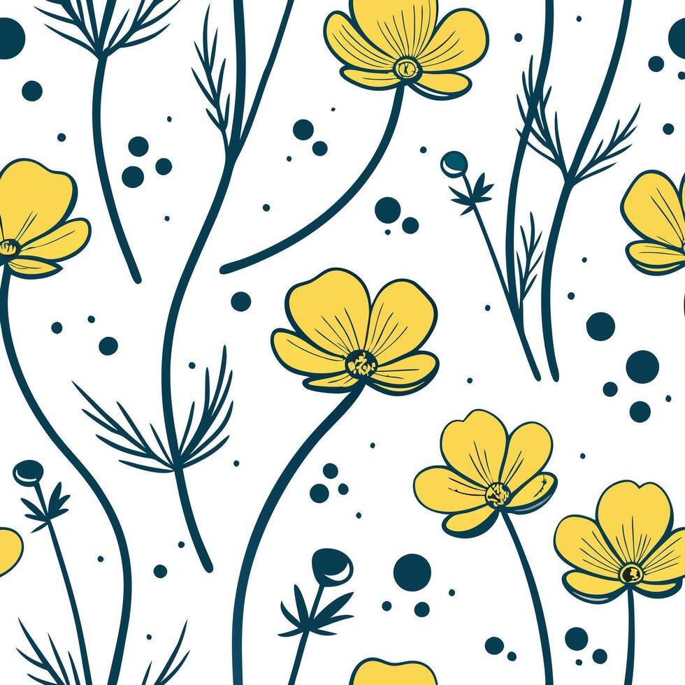 Abstract watercolor buttercup seamless pattern with splashes and drips on white background Clean vector