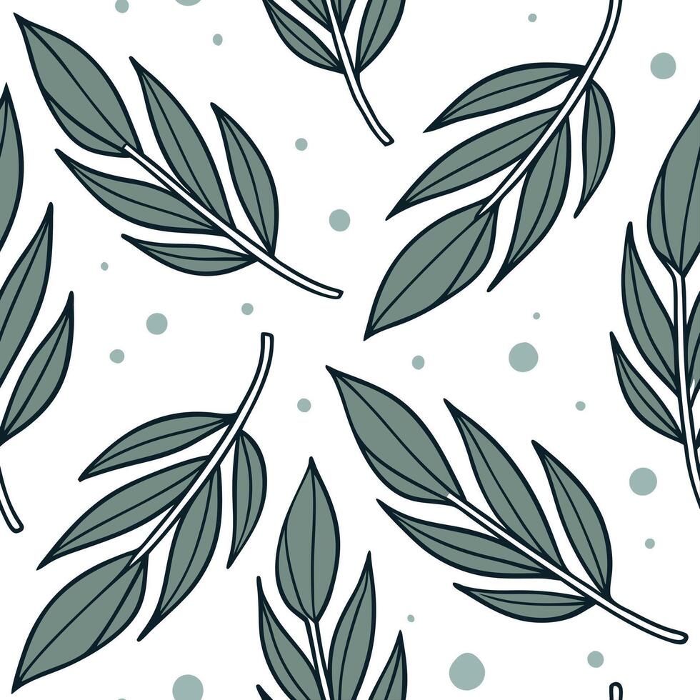 Abstract watercolor sage leaves seamless pattern with splashes and drips on white background Clean vector
