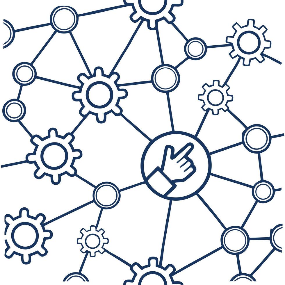 A dense network of holographic API icons linked by lines guided by a hand that configures seamless system integration Clean vector