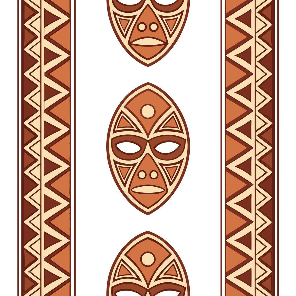 African tribal borders and masks seamless tile pattern with earthy tones and bold patterns for cultural decor Clean vector