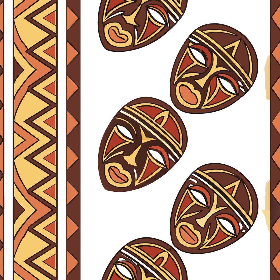 African tribal masks and vibrant patterns seamless tile pattern with earthy color palette Clean vector