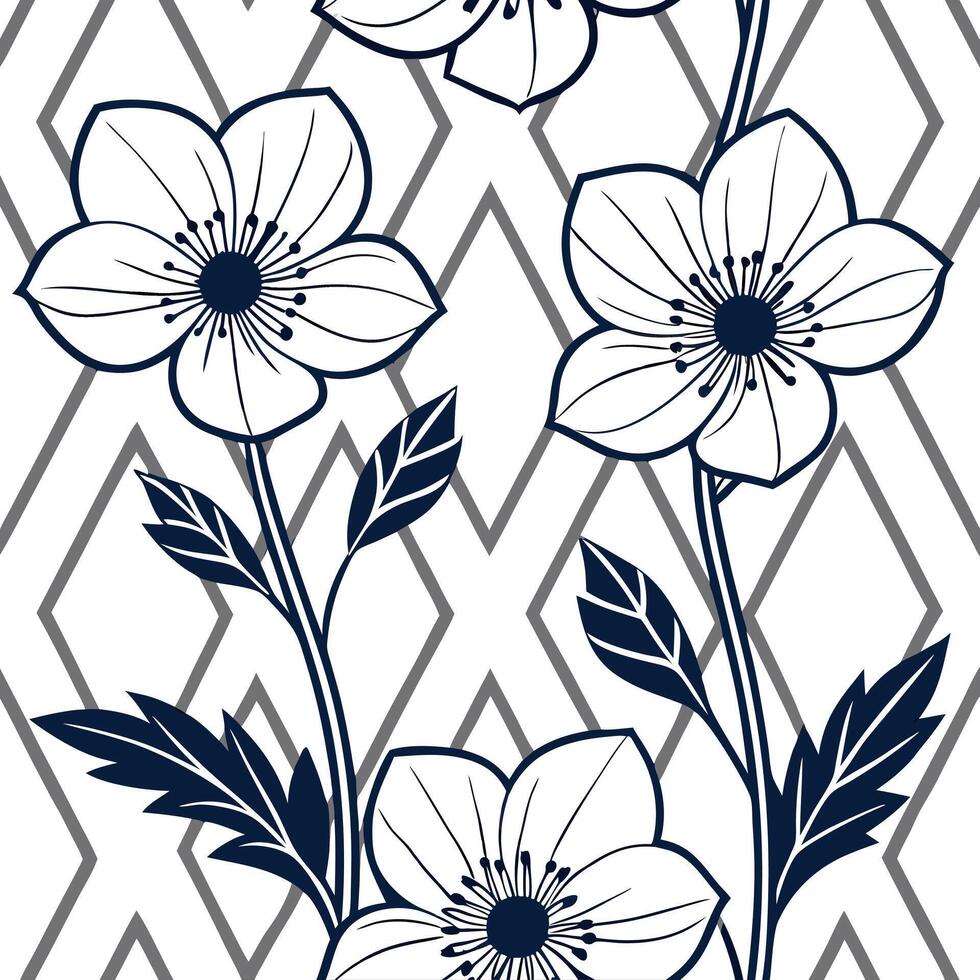 Art deco Anemone seamless pattern with metallic accents and geometric elements on white Clean vector