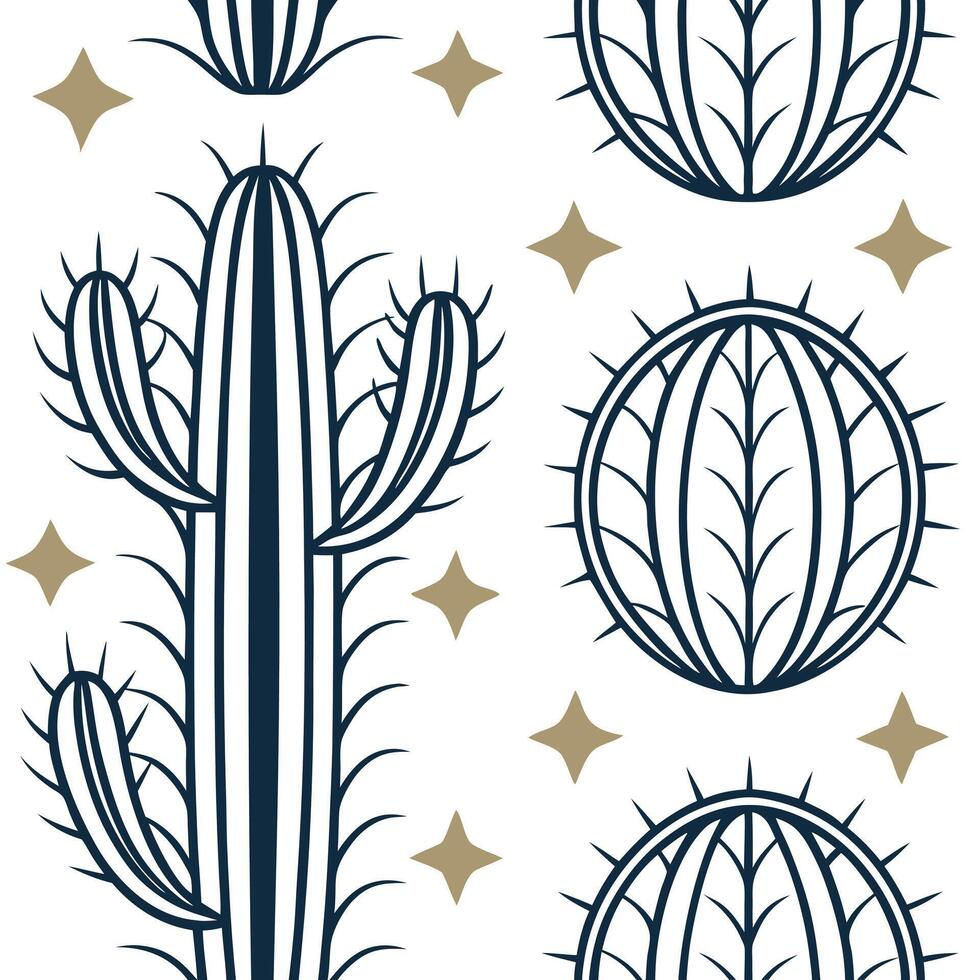 Art Deco cactus seamless tile pattern with symmetrical cactus motifs and gold accents for glamorous interiors Clean vector
