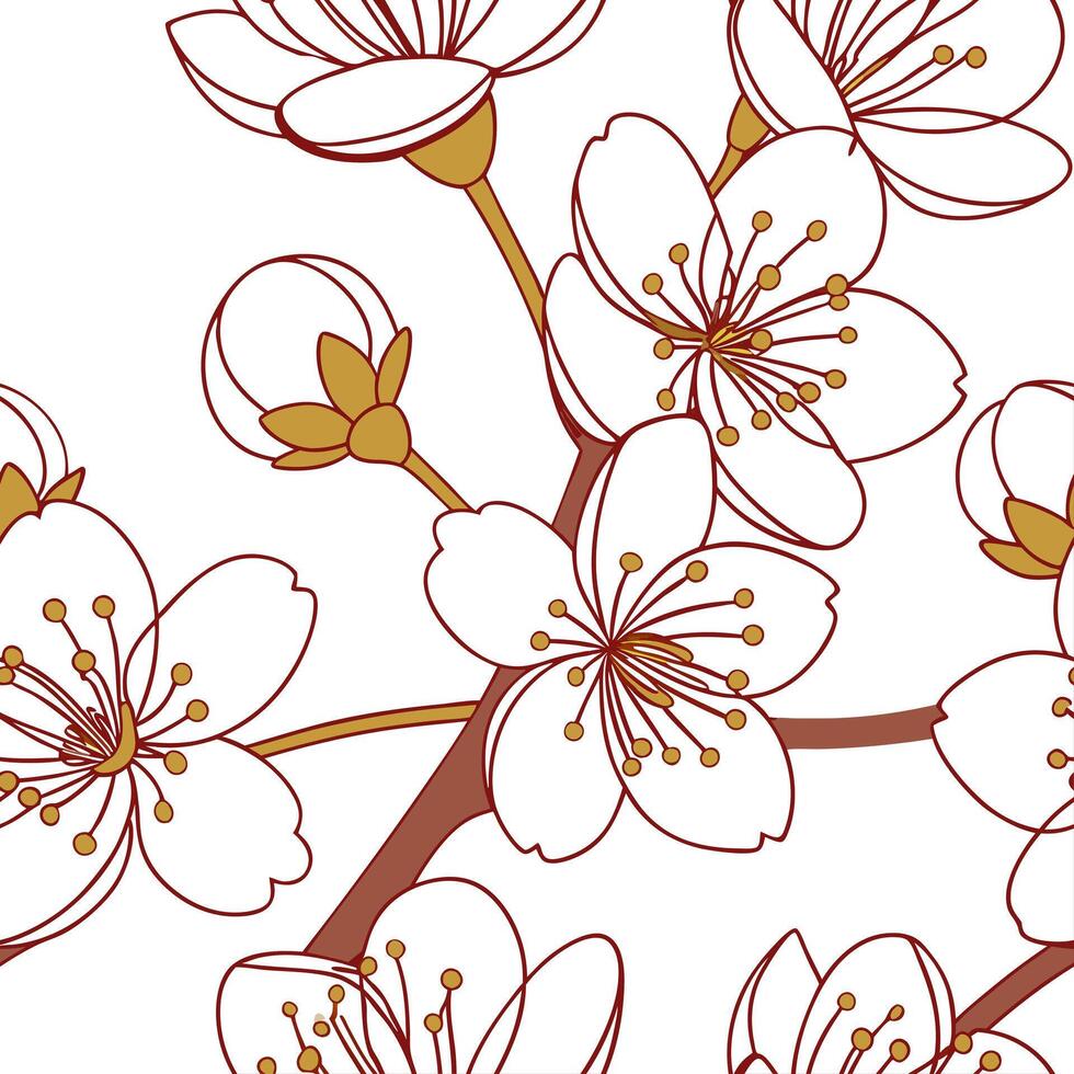 Art Deco cherry blossom seamless tile pattern with symmetrical blossom motifs and gold accents for glamorous interiors Clean vector