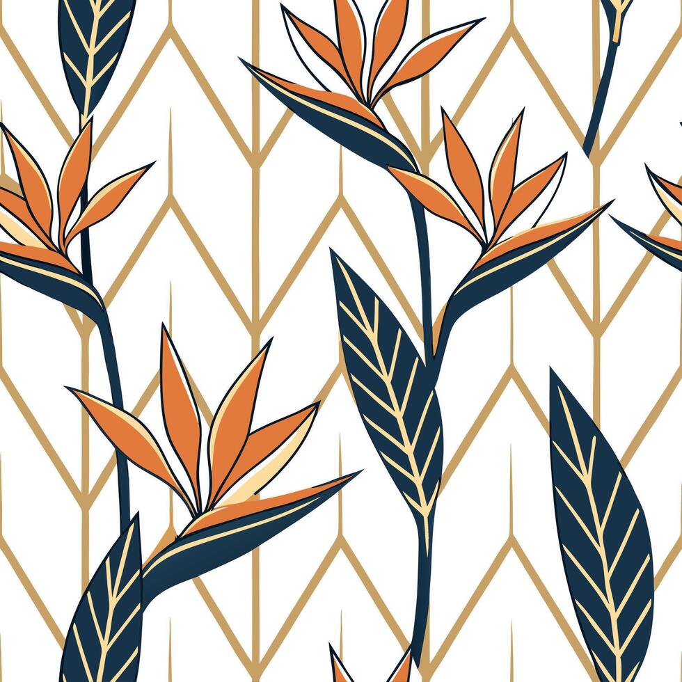 Art deco Bird of Paradise seamless pattern with metallic accents and geometric elements on white Clean vector