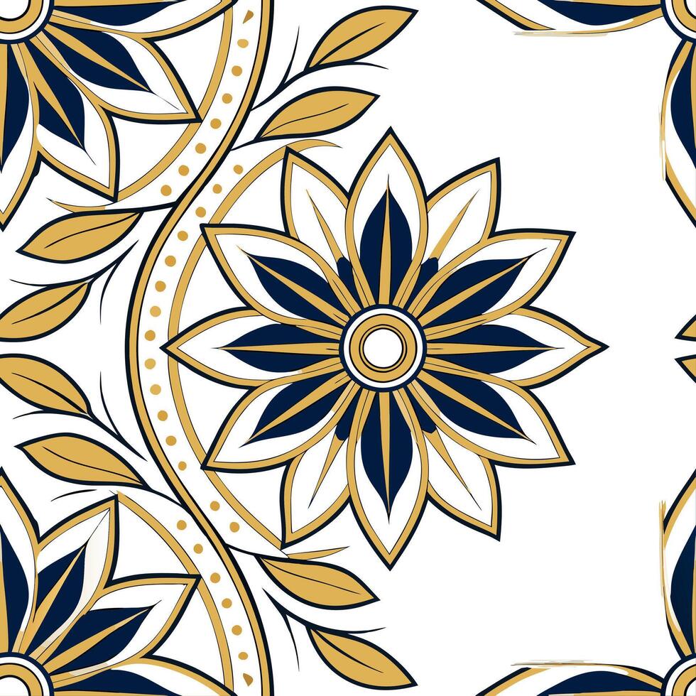Art Deco floral mandala seamless tile pattern with symmetrical flower shapes and gold accents perfect for glamorous interiors Clean vector