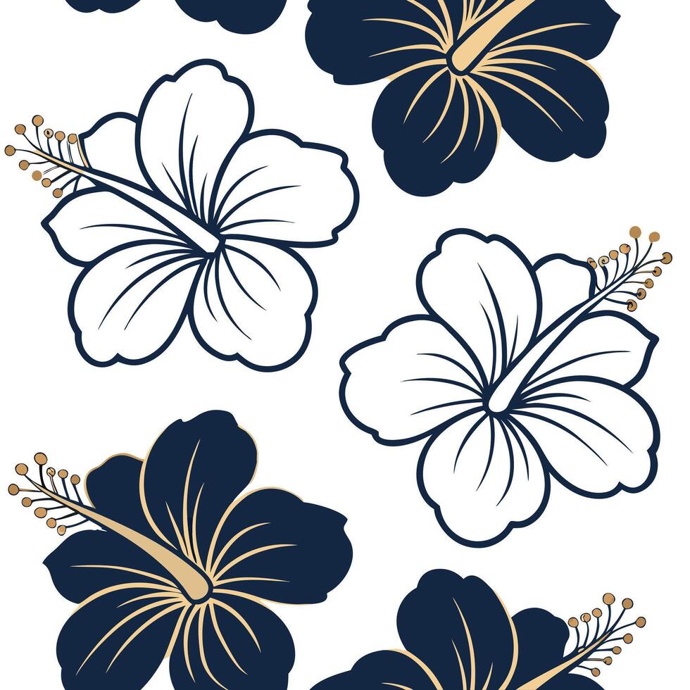 Art Deco hibiscus seamless tile pattern with symmetrical hibiscus motifs and gold accents for glamorous interiors Clean vector