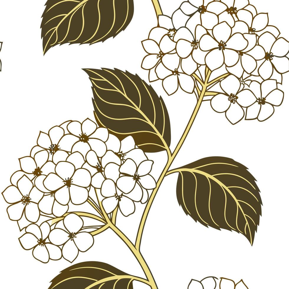 Art Deco hydrangea seamless tile pattern with symmetrical hydrangea motifs and gold accents for glamorous interiors Clean vector