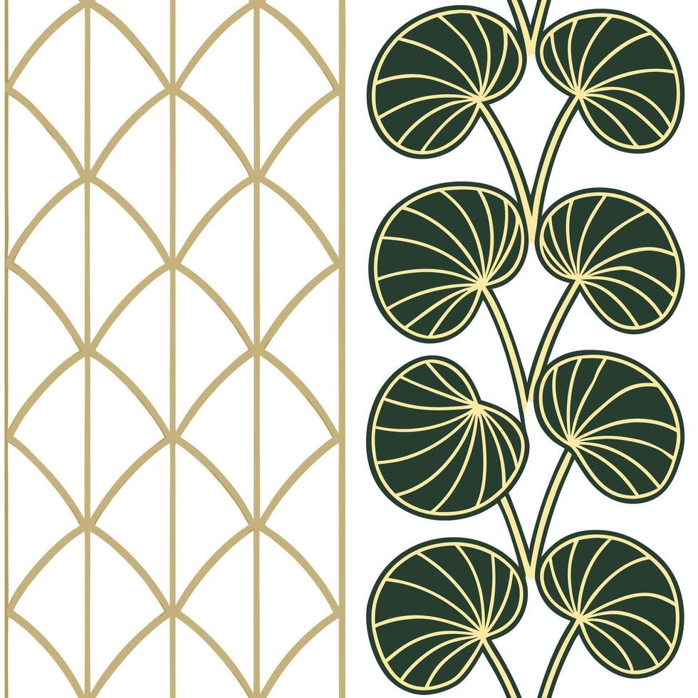 Art deco Pilea seamless pattern with metallic accents and geometric elements on white Clean vector