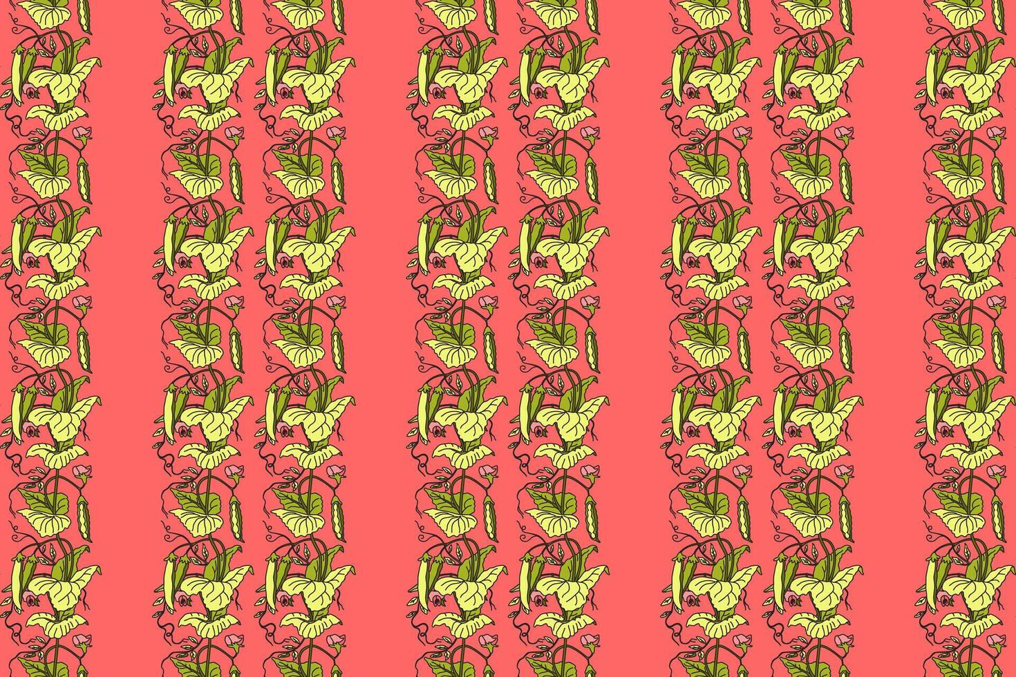 Botanical seamless pattern with growing green peas, leaves and pods illustration. Repeating vegetables pattern in pink color background. Graphic design for Fashion Cover Textile Birthday Card vector