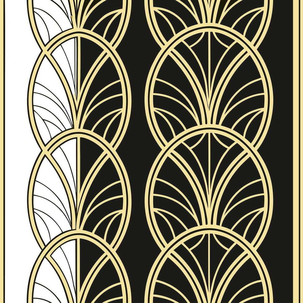 Art Deco seamless pattern with retro circles and gold accents on black background Clean vector