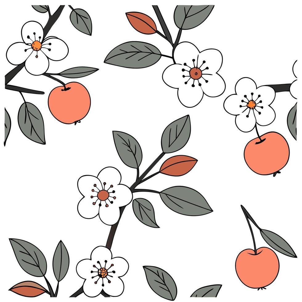 Autumn apple blossom seamless tile pattern with delicate flowers and ripe fruits Clean vector