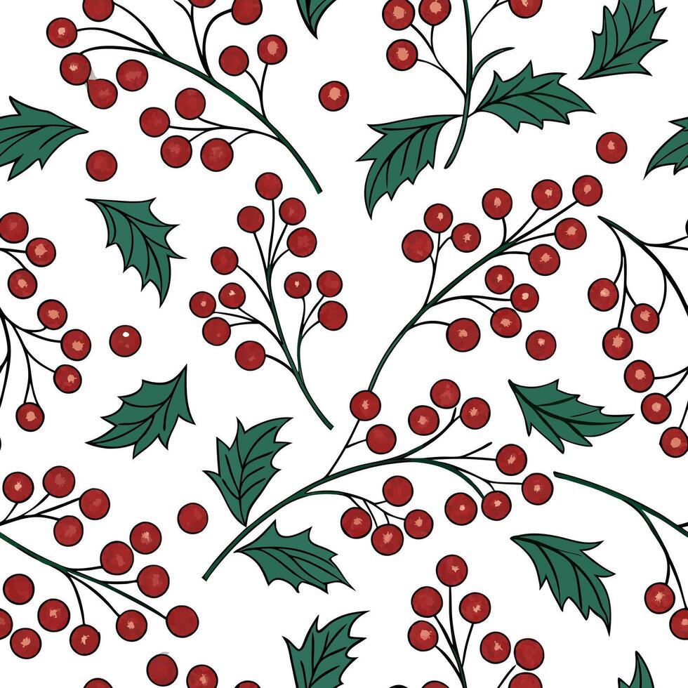 Autumn berries and vines seamless tile pattern with deep reds and vibrant greens Clean vector