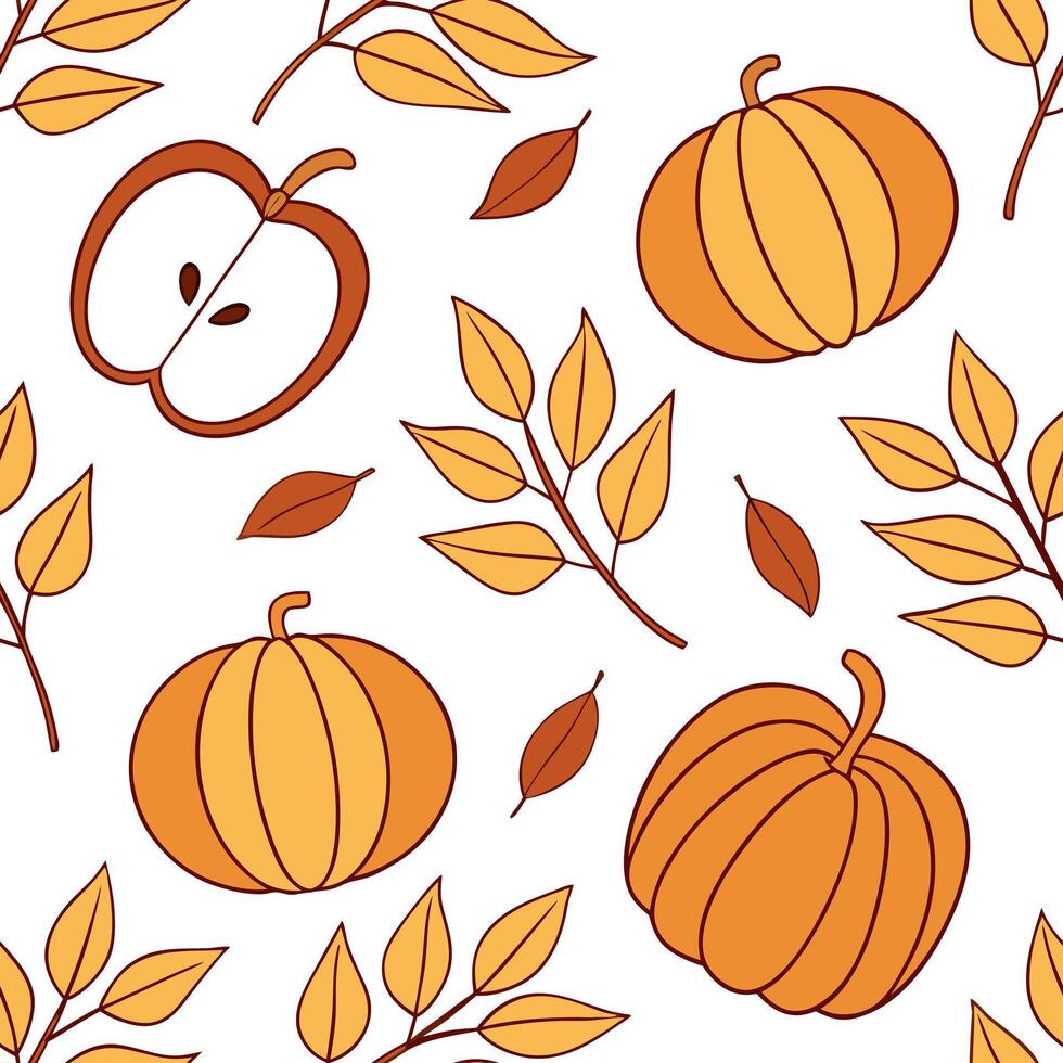 Autumn harvest seamless pattern with crisp apples orange leaves and pumpkins for a warm harvest inspired atmosphere Clean vector