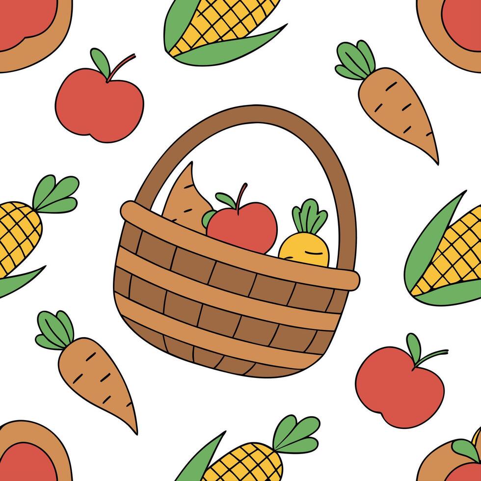 Autumn harvest basket seamless tile pattern with fruits vegetables and fall accents Clean vector