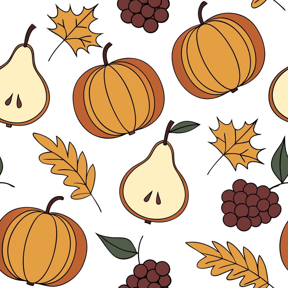 Autumn harvest seamless pattern with pears grapes and pumpkins for a bountiful seasonal harvest aesthetic Clean vector