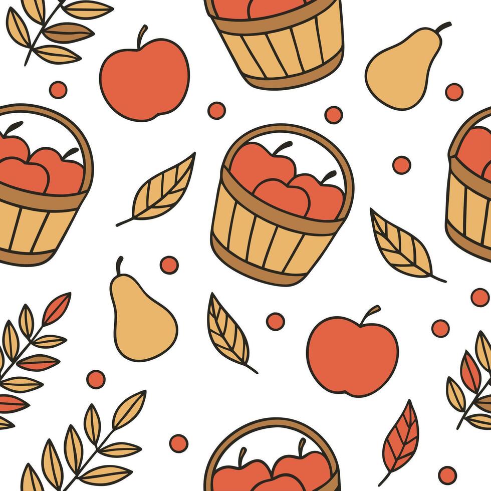 Autumn harvest seamless pattern with ripe apples pears and baskets for a natural farm inspired aesthetic Clean vector