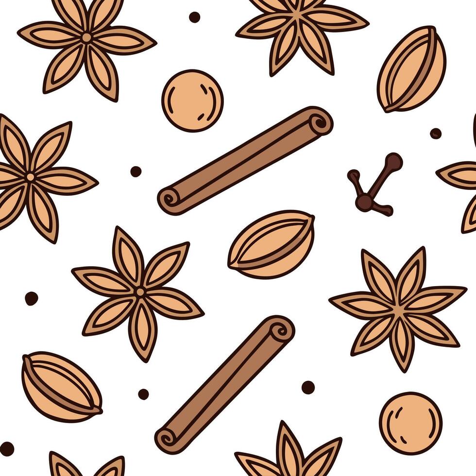 Autumn spices seamless tile pattern with cinnamon sticks nutmeg and cloves in warm tones Clean vector