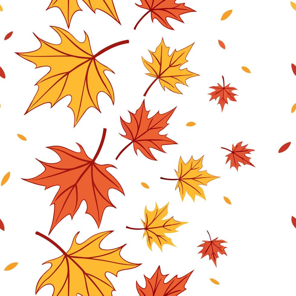 Autumn seamless pattern with falling leaves in shades of red orange and yellow for a colorful fall aesthetic Clean vector