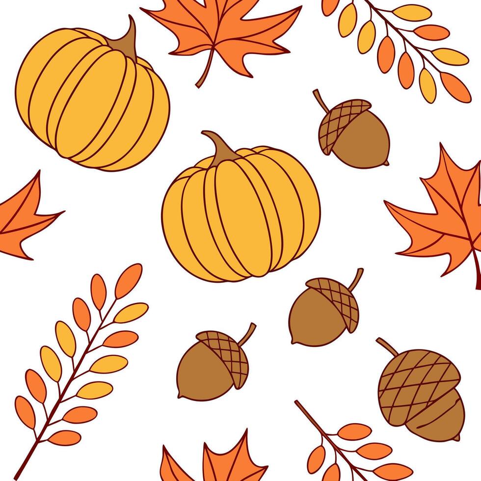 Autumn seamless pattern with pumpkins acorns and fall foliage for a harvest themed seasonal look Clean vector