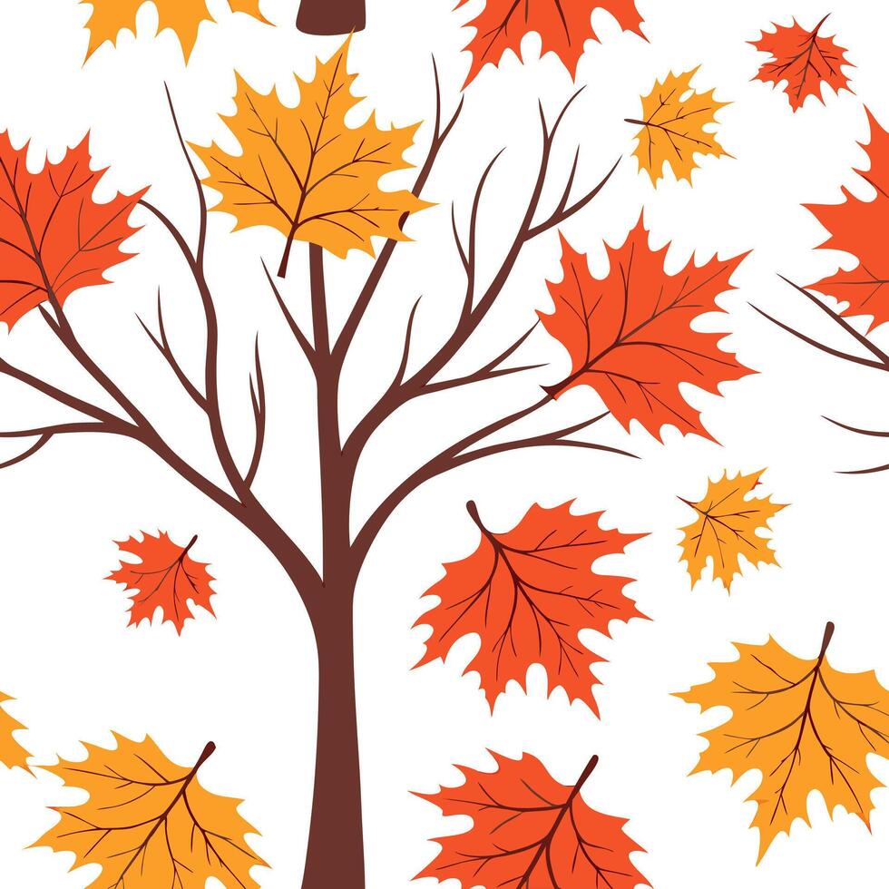 Autumn trees seamless tile pattern with vibrant maple and oak leaves for warm home decor Clean Set 8 vector