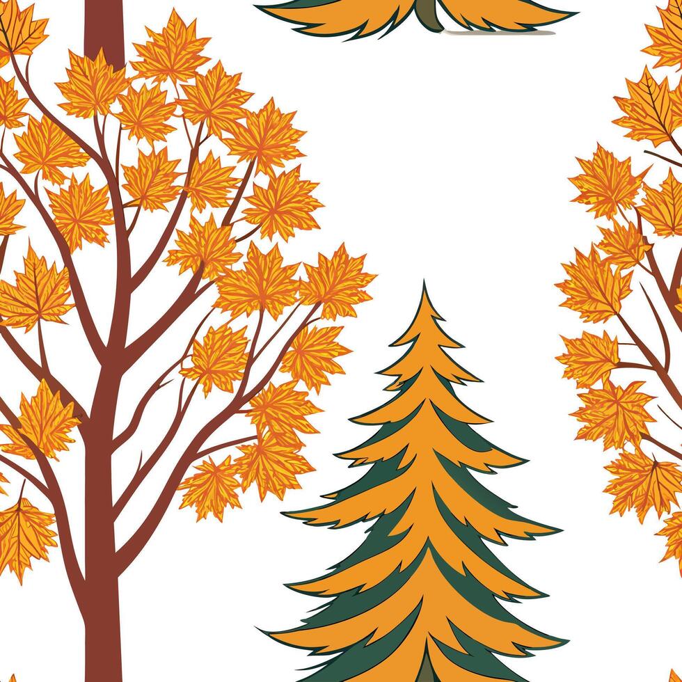 Autumn trees seamless tile pattern with vibrant maple and oak leaves for warm home decor Clean Set 7 vector