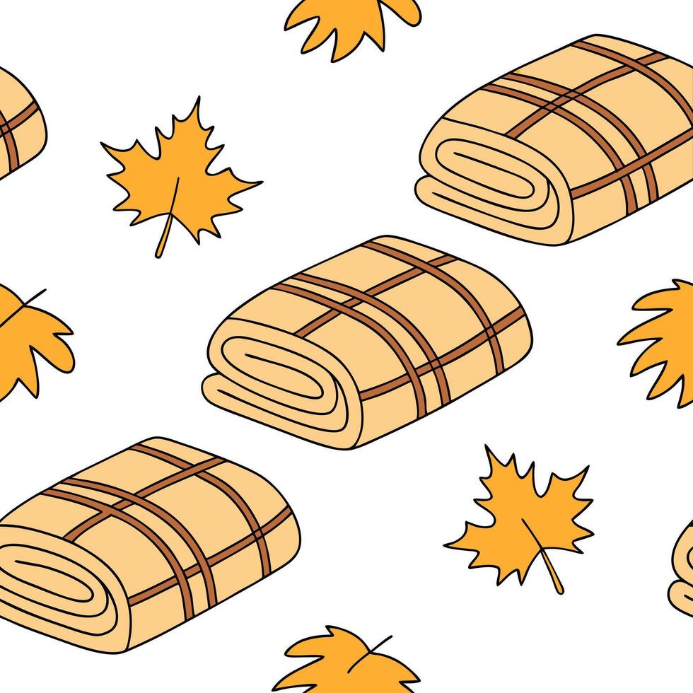 Autumn warmth seamless tile pattern with cozy blankets and golden maple leaves for inviting home decor Clean Set 5 vector