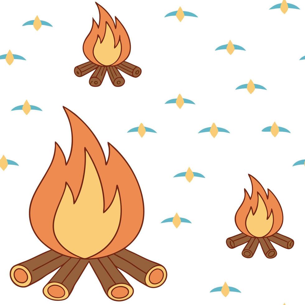 Beach bonfire seamless tile pattern with flickering flames and cozy summer night gatherings Clean vector