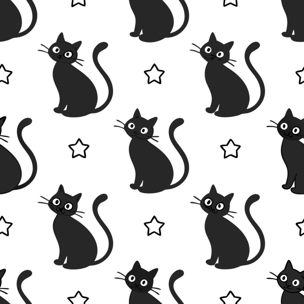 Black cats seamless tile pattern with playful poses and sleek black fur for whimsical Halloween decor Clean vector