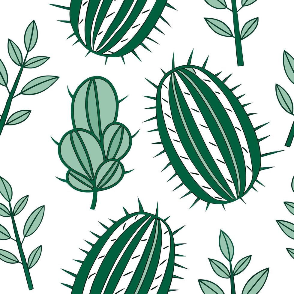 Bohemian cactus seamless tile pattern with vibrant green spines and intricate leaf patterns on white background ideal for eclectic spaces Clean vector