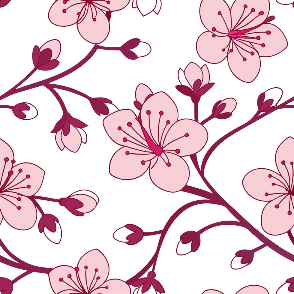 Bohemian cherry blossom seamless tile pattern with vibrant pink blossoms and intricate vine details on white background ideal for eclectic spaces Clean vector