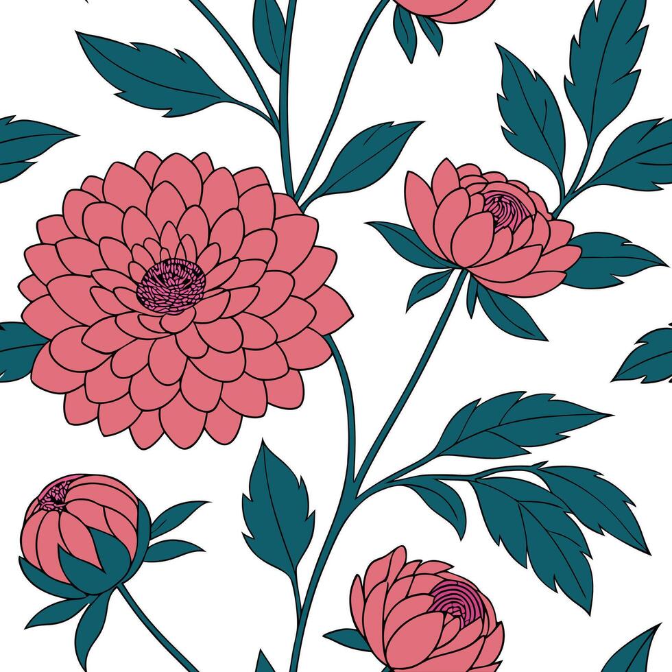 Bohemian botanical illustration seamless tile pattern with eclectic peonies and dahlias in rich vibrant colors perfect for creative spaces Clean vector