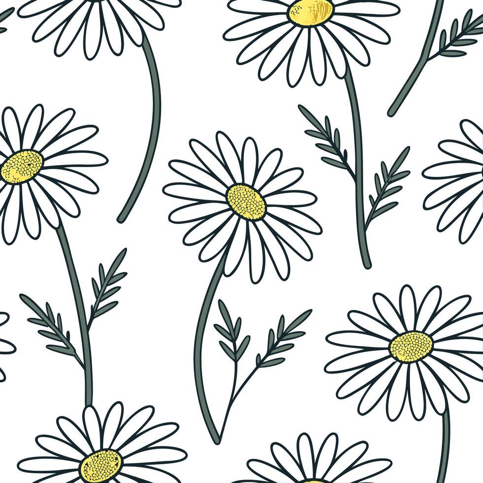 Bohemian daisy seamless tile pattern with vibrant white daisies and intricate details on white background ideal for eclectic spaces Clean vector